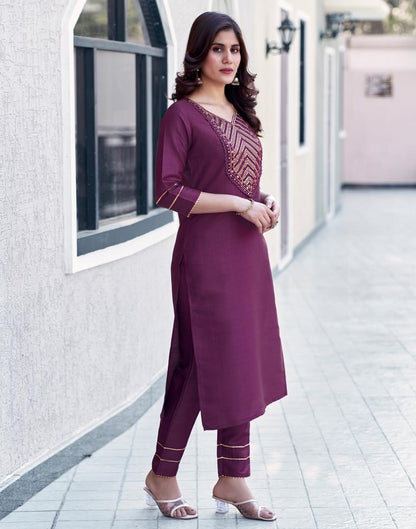 Wine Embroidery Straight Kurta Set