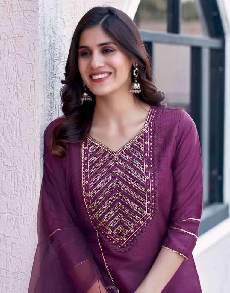 Wine Embroidery Straight Kurta Set