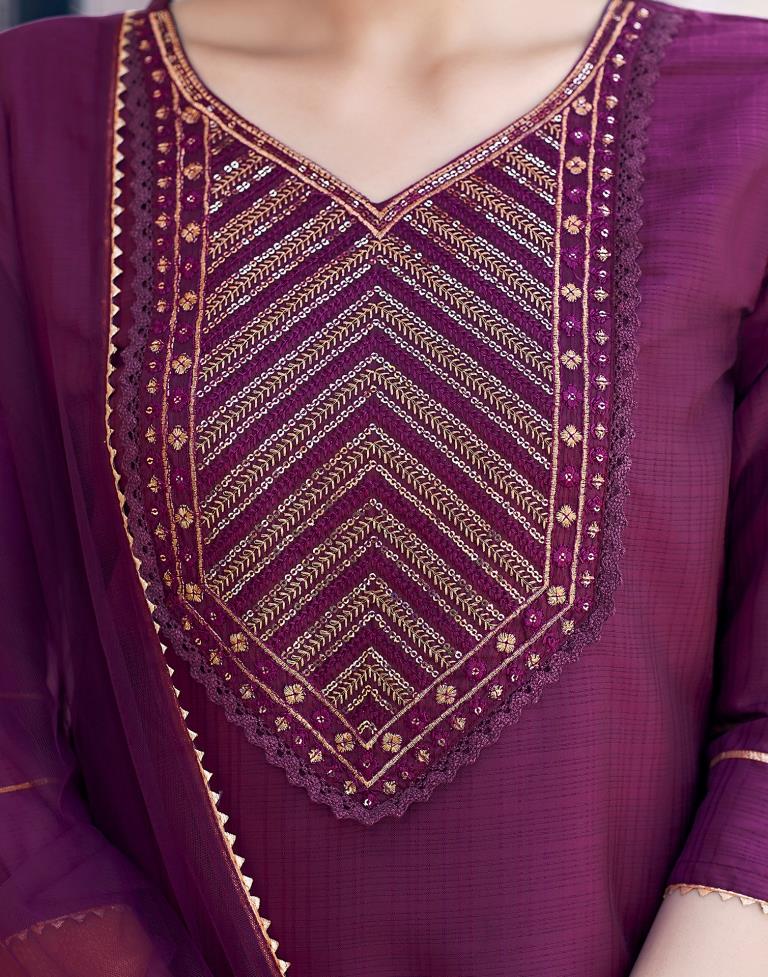 Wine Embroidery Straight Kurta Set