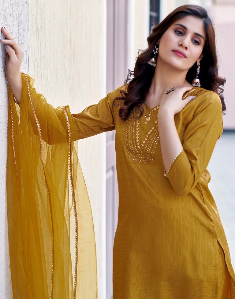 Mustard Yellow Silk Embroidery Straight Kurta Set