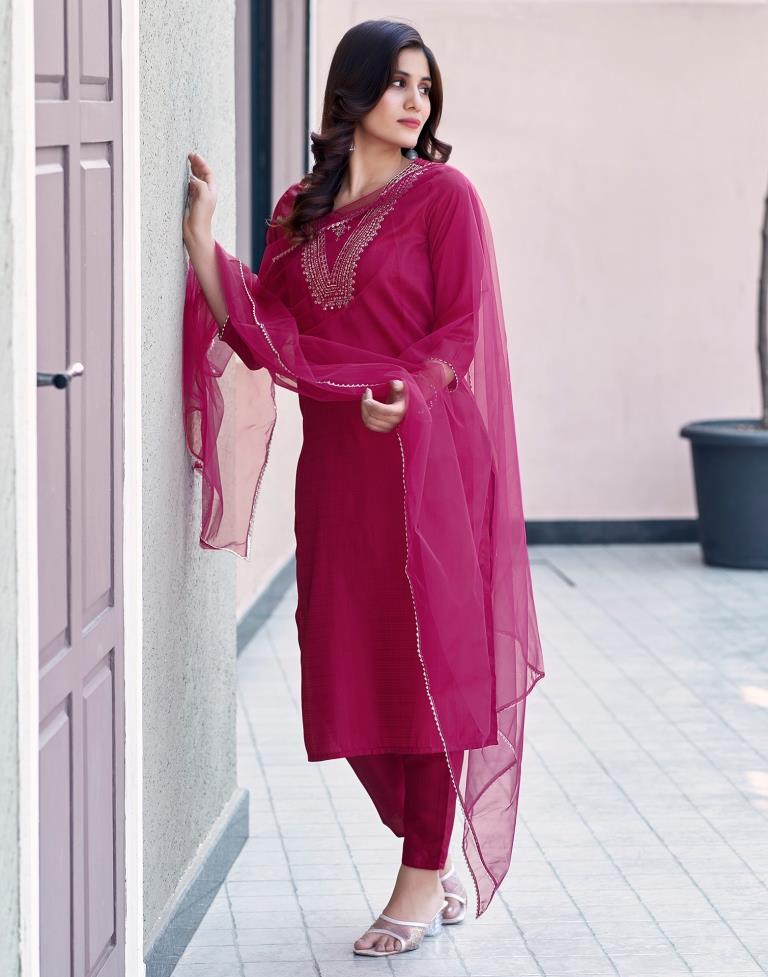 Magenta Silk Embroidery Straight Kurta Set