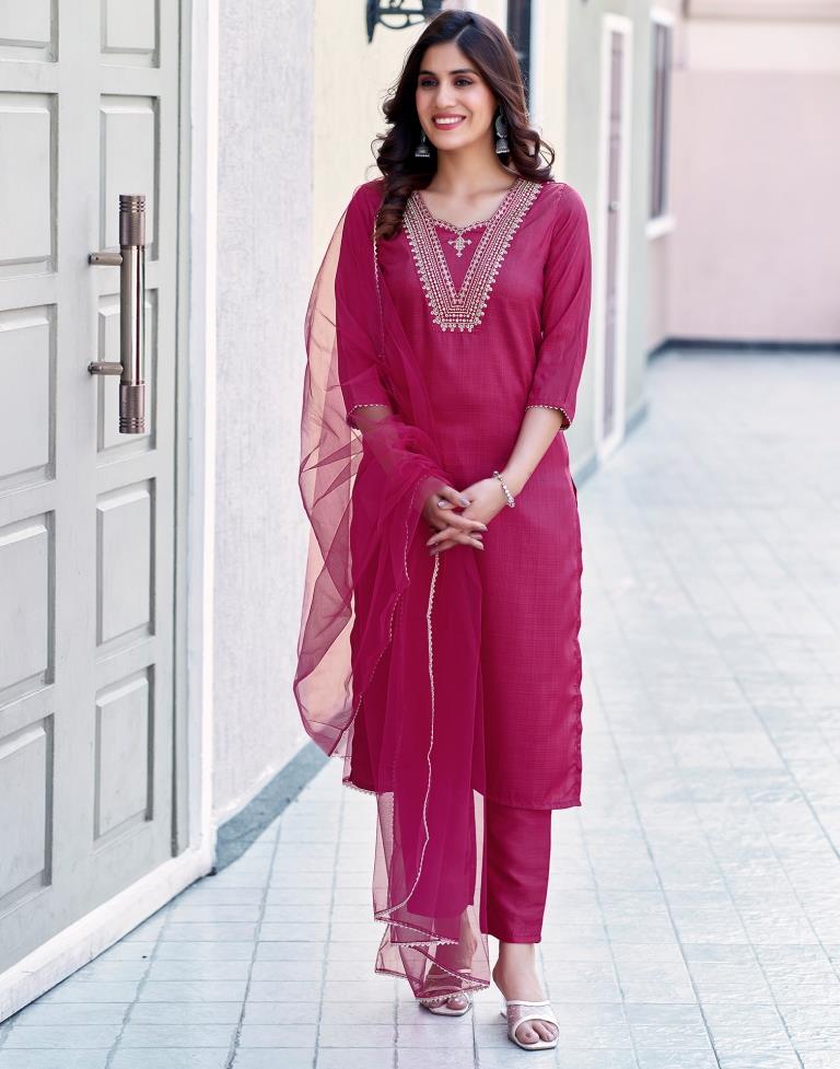 Magenta Silk Embroidery Straight Kurta Set