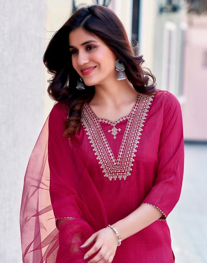 Magenta Silk Embroidery Straight Kurta Set