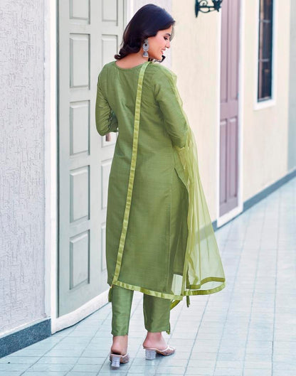 Olive Green Silk Embroidery Straight Kurta Set