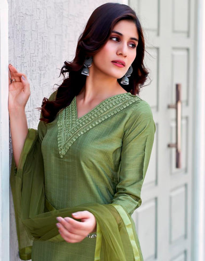 Olive Green Silk Embroidery Straight Kurta Set