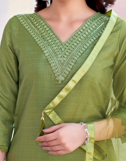 Olive Green Silk Embroidery Straight Kurta Set