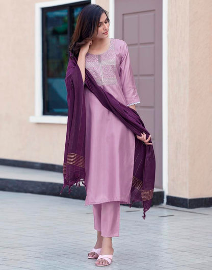 Dark Purple Silk Embroidery Straight Kurta Set