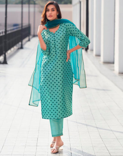 Teal Blue Silk Printed Straight Kurta Set