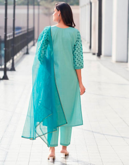 Teal Blue Silk Printed Straight Kurta Set