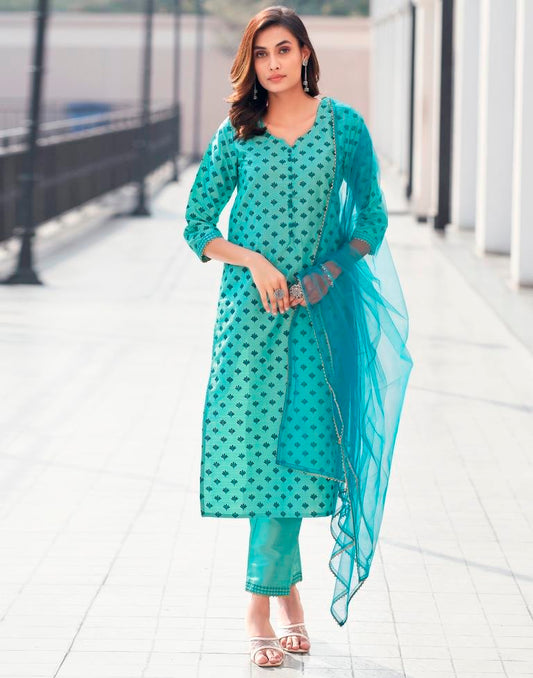 Teal Blue Silk Printed Straight Kurta Set