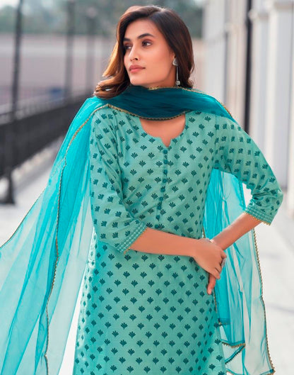 Teal Blue Silk Printed Straight Kurta Set