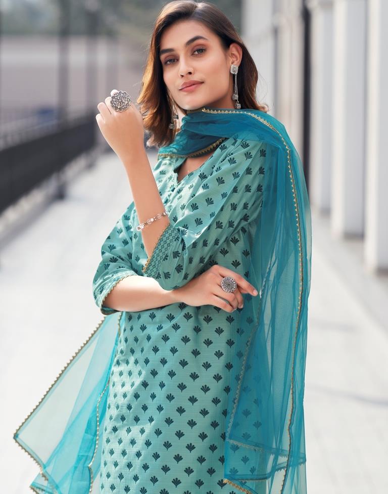 Teal Blue Silk Printed Straight Kurta Set