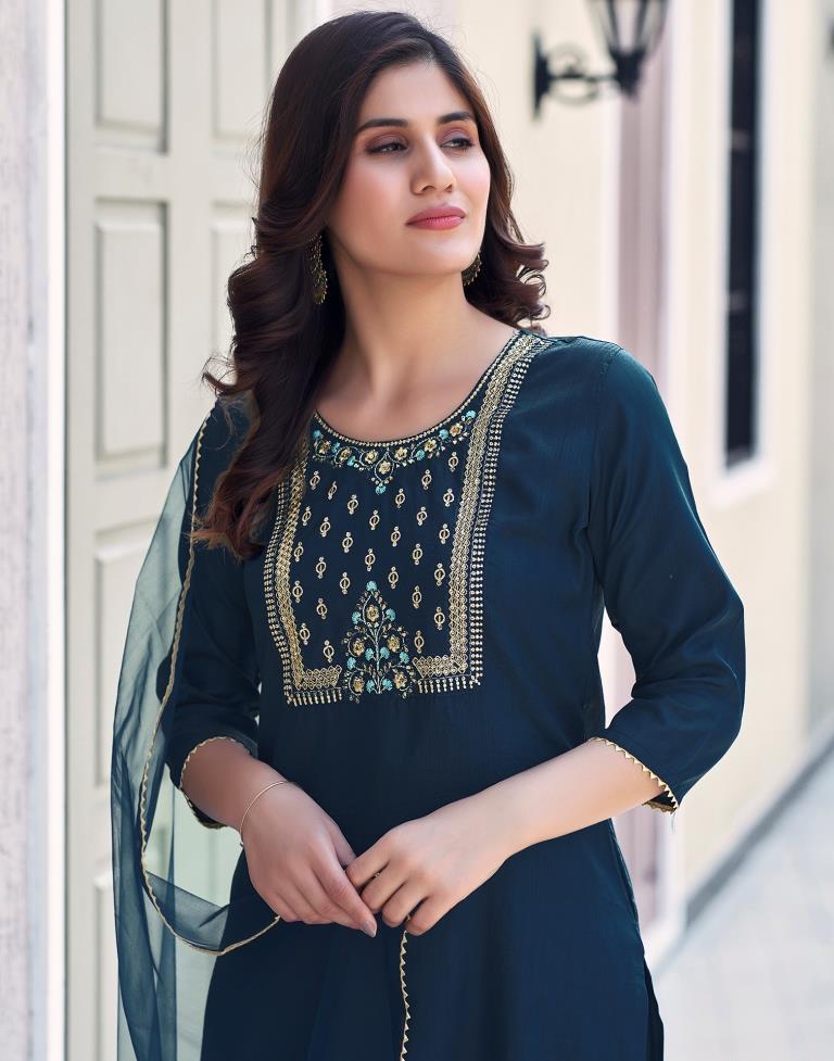 Sea Blue Silk Embroidery Straight Kurta Set