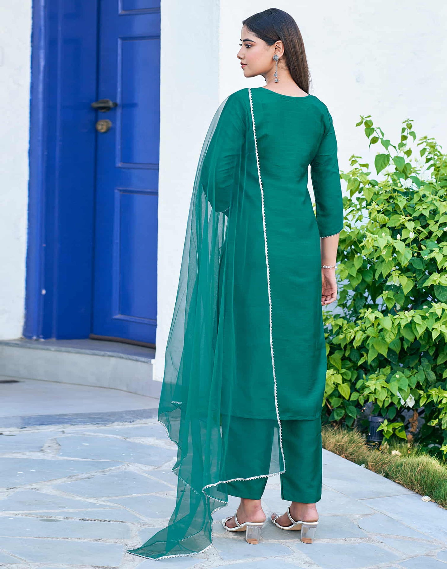 Teal Green Sequence Silk Straight Kurta With Pant And Dupatta