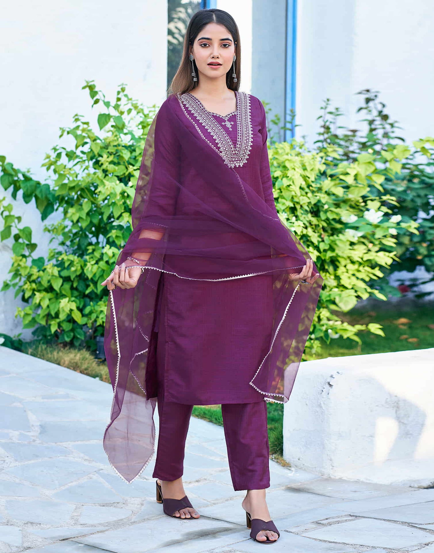 Purple Sequence Silk Straight Kurta With Pant And Dupatta