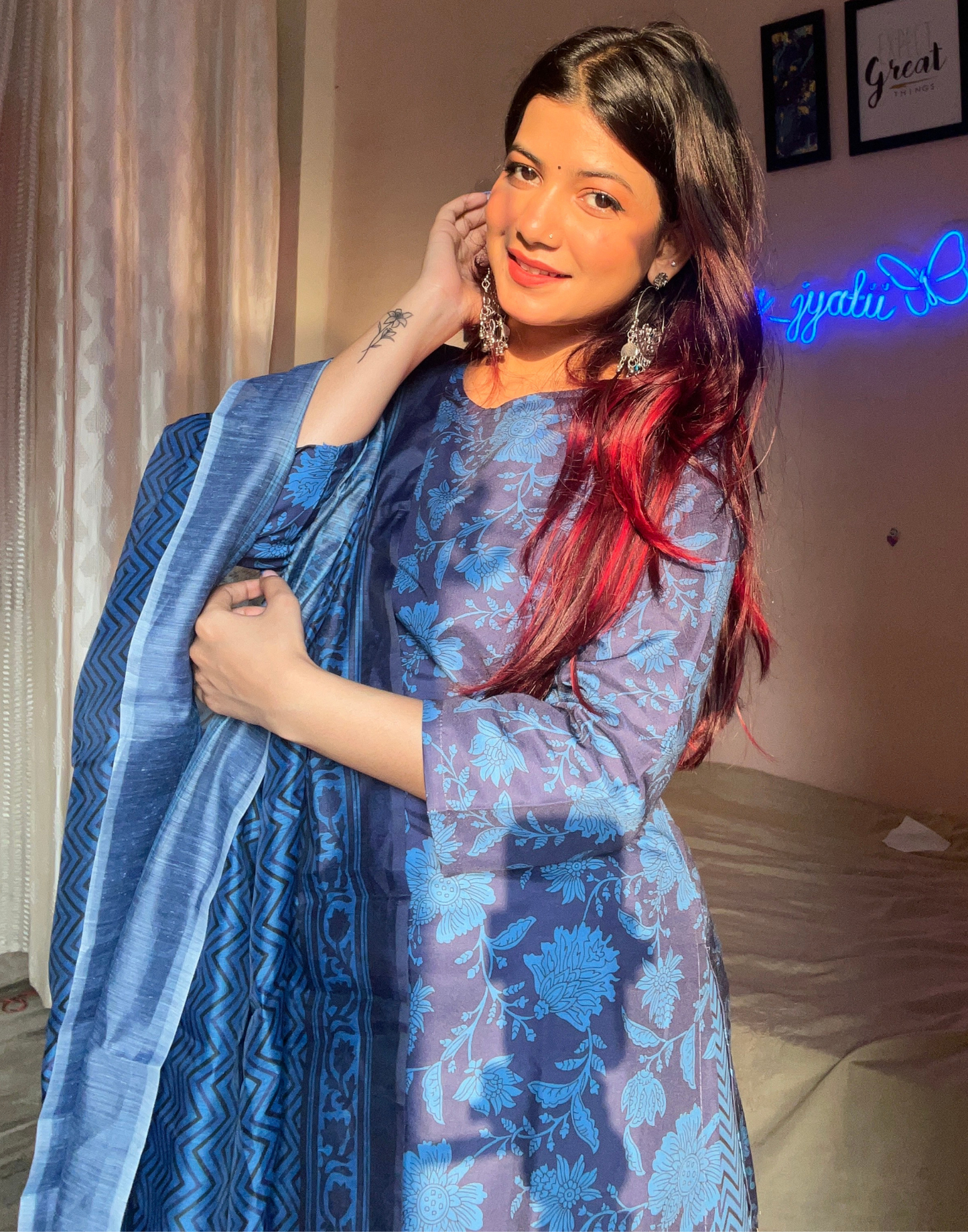 Blue Printed Straight Kurta Kurti With Pant And Dupatta