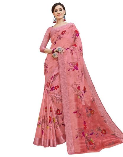 Peach Pink Coloured Poly Cotton Printed Casual saree | Leemboodi