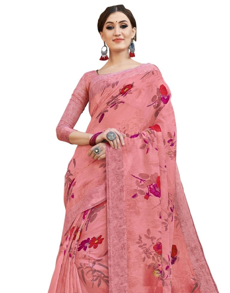 Peach Pink Coloured Poly Cotton Printed Casual saree | Leemboodi
