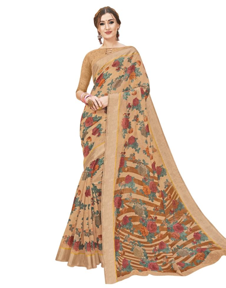 Peach Coloured Poly Cotton Printed Casual saree | Leemboodi