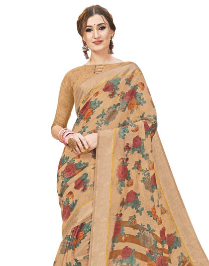 Peach Coloured Poly Cotton Printed Casual saree | Leemboodi