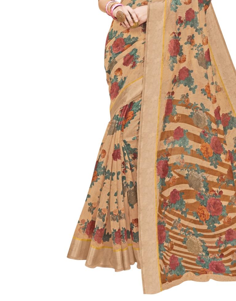 Peach Coloured Poly Cotton Printed Casual saree | Leemboodi