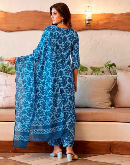 Blue Rayon Printed Kurta Set With Dupatta