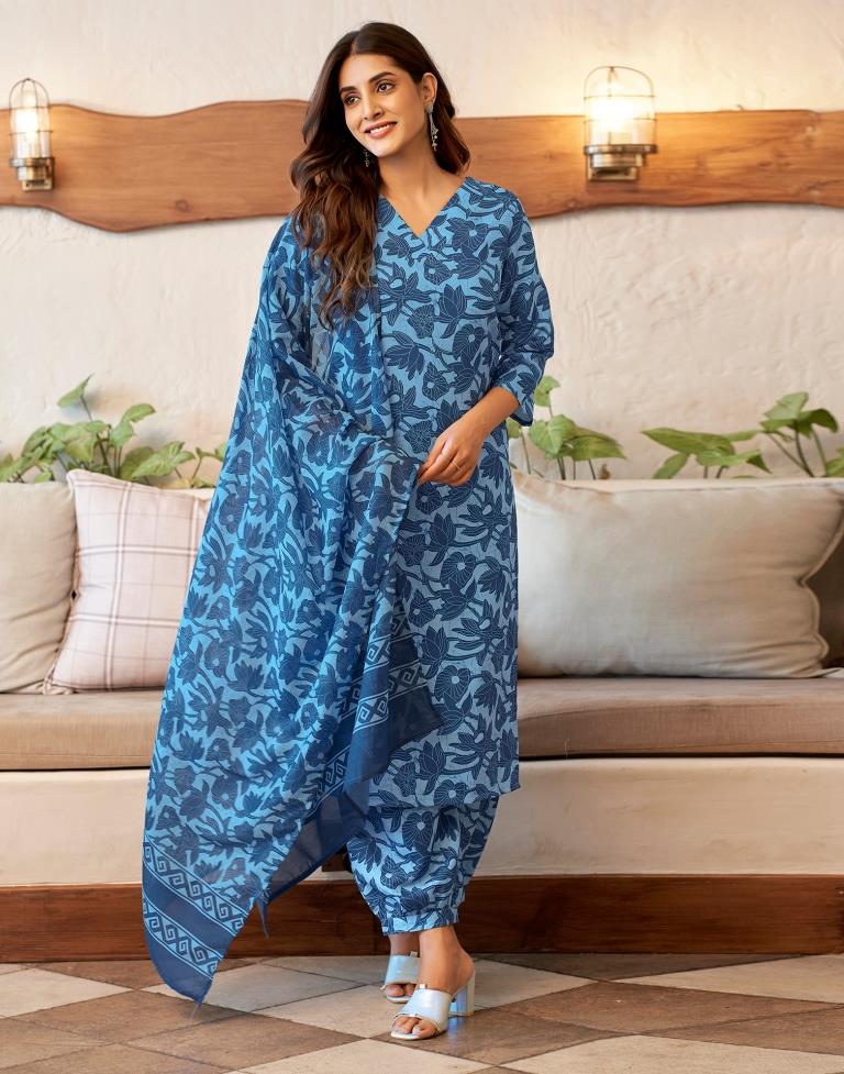 Blue Rayon Printed Kurta Set With Dupatta