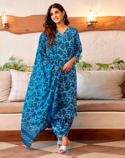 Blue Rayon Printed Kurta Set With Dupatta