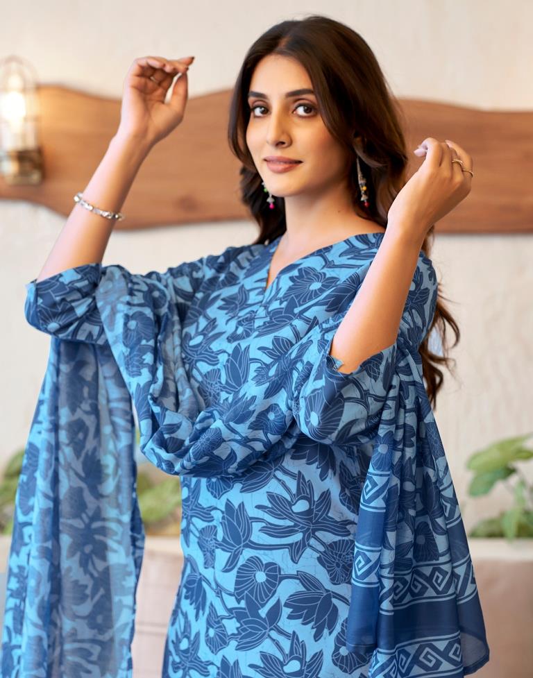 Blue Rayon Printed Kurta Set With Dupatta