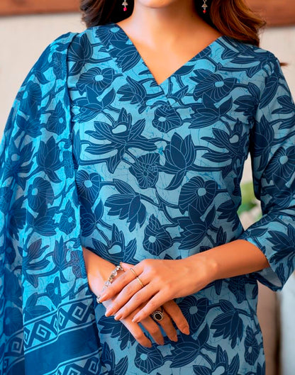 Blue Rayon Printed Kurta Set With Dupatta