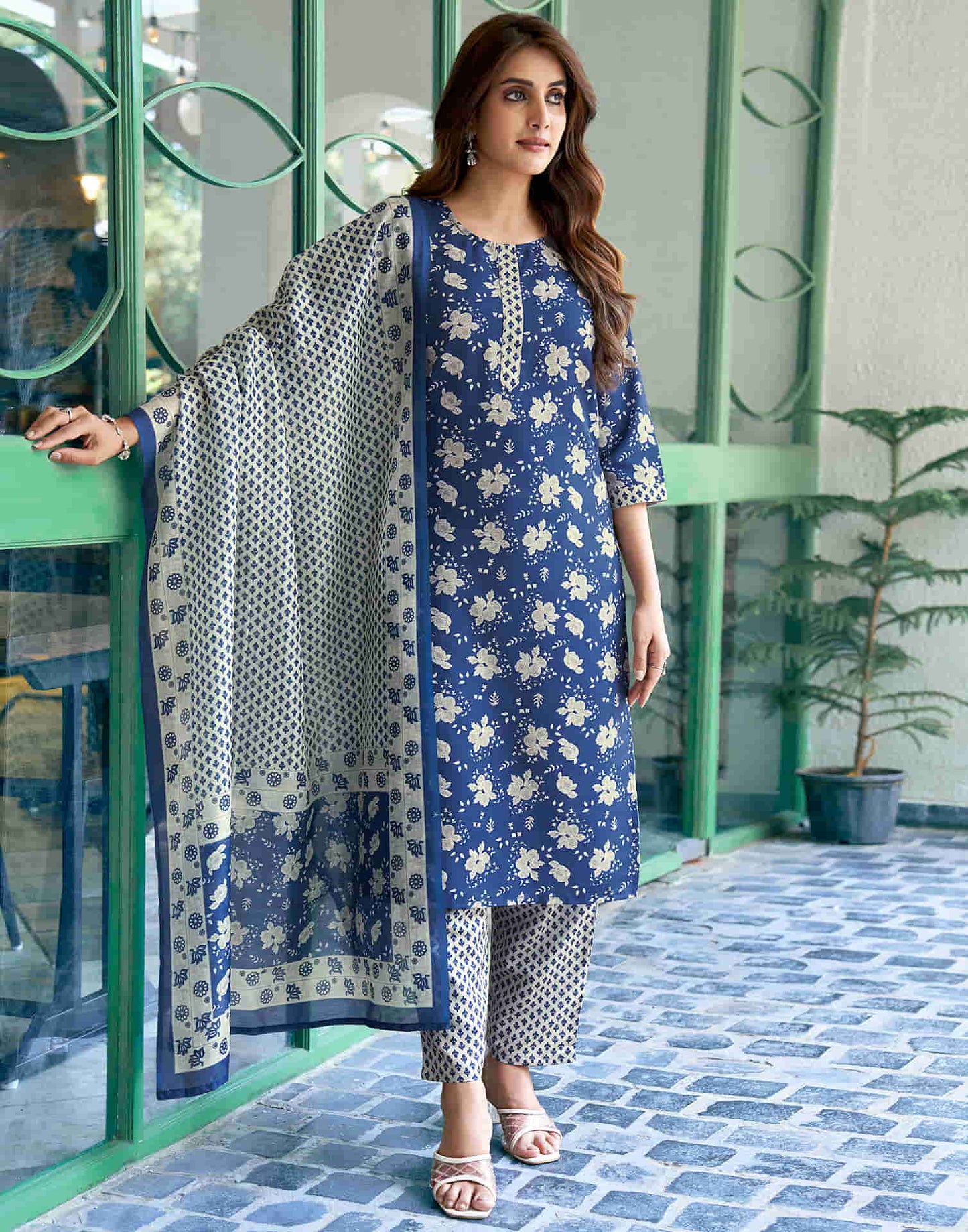 Navy Blue Printed Rayon Straight Kurta With Pant And Dupatta