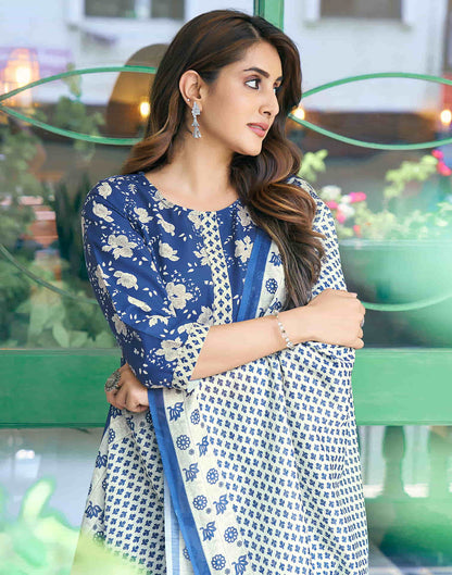 Navy Blue Printed Rayon Straight Kurta With Pant And Dupatta