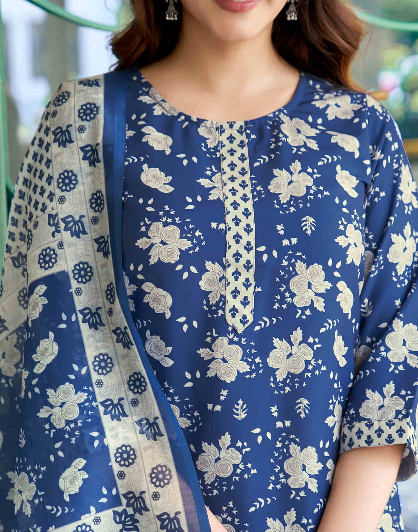 Navy Blue Printed Rayon Straight Kurta With Pant And Dupatta