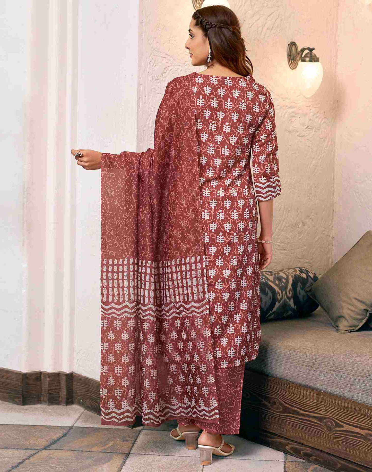 Brown Rayon Printed Kurta Set With Dupatta