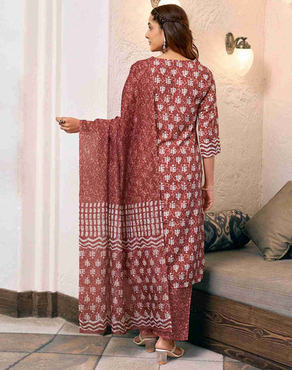 Brown Rayon Printed Kurta Set With Dupatta