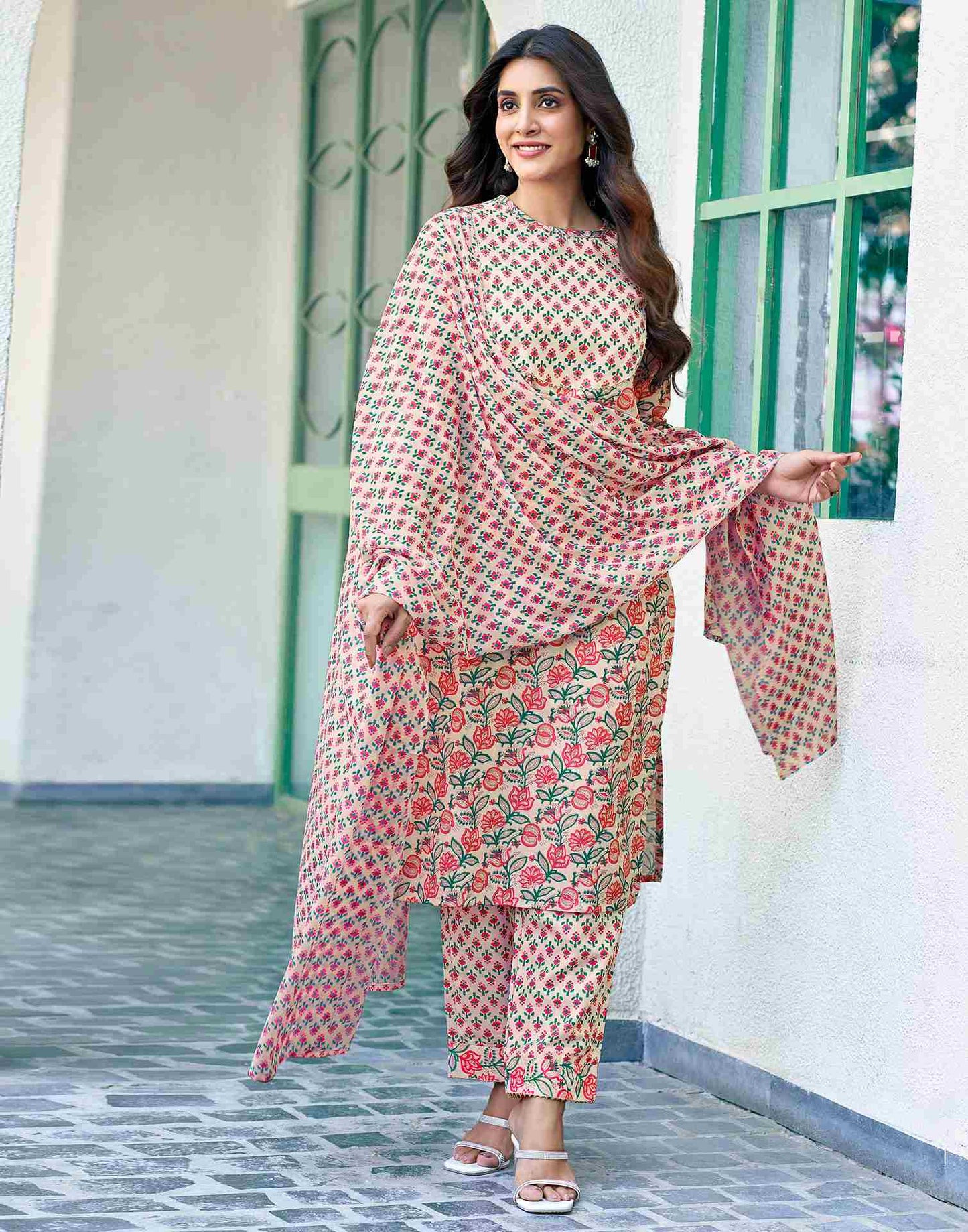 Light Rose Pink Printed Rayon Straight Kurta Set With Dupatta