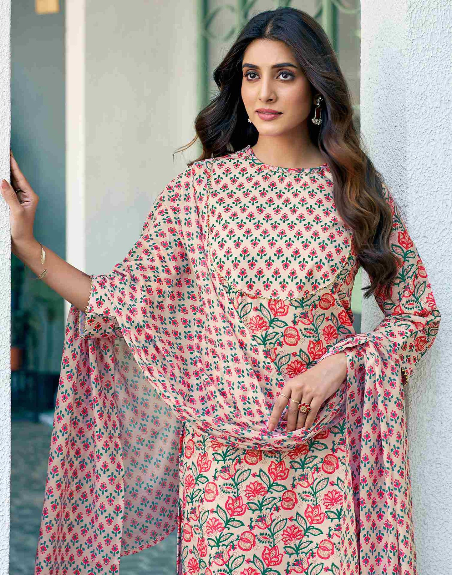 Light Rose Pink Printed Rayon Straight Kurta Set With Dupatta