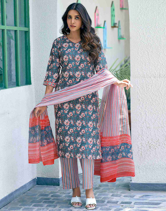 Teal Rayon Printed Kurta Set With Dupatta