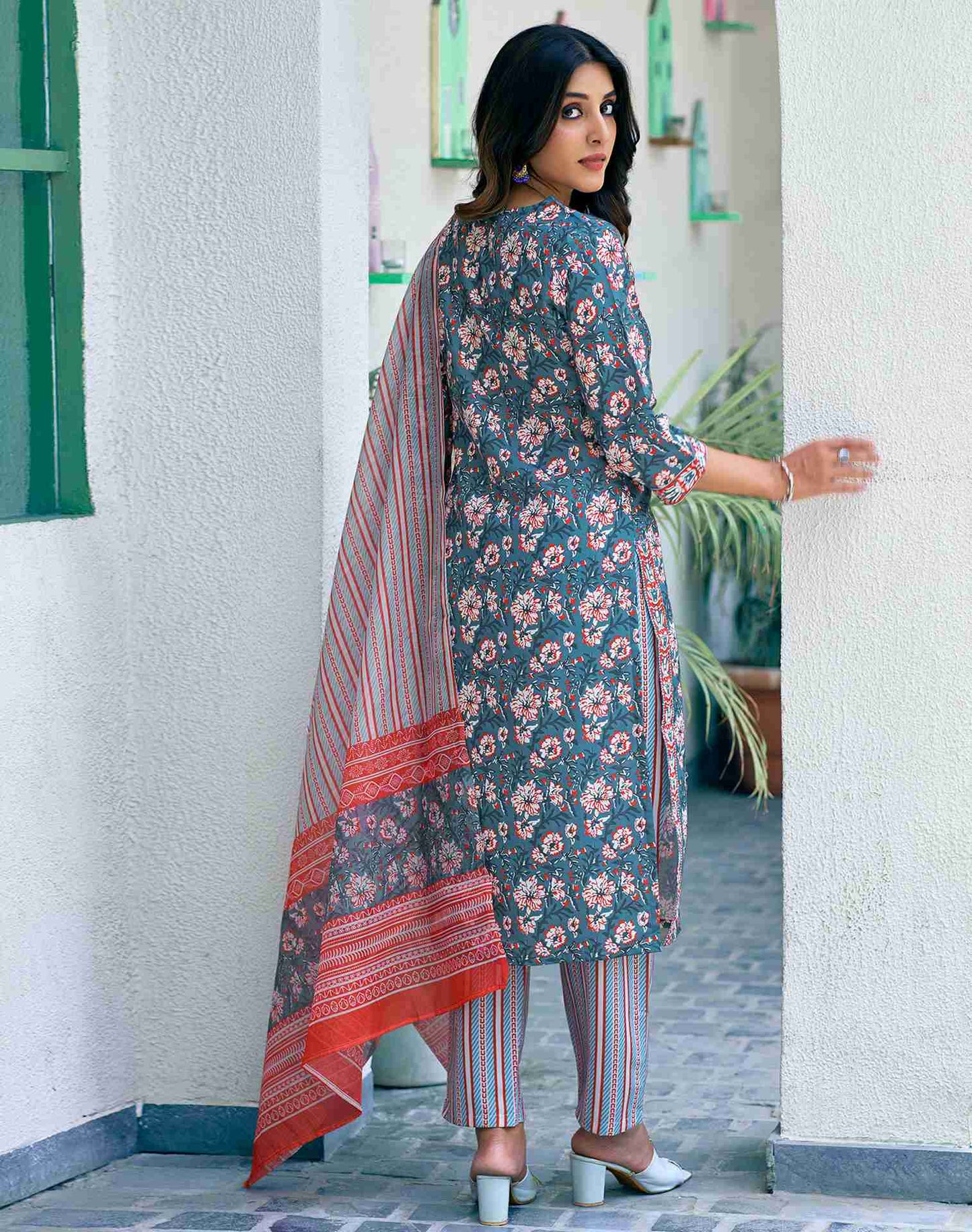 Teal Rayon Printed Kurta Set With Dupatta