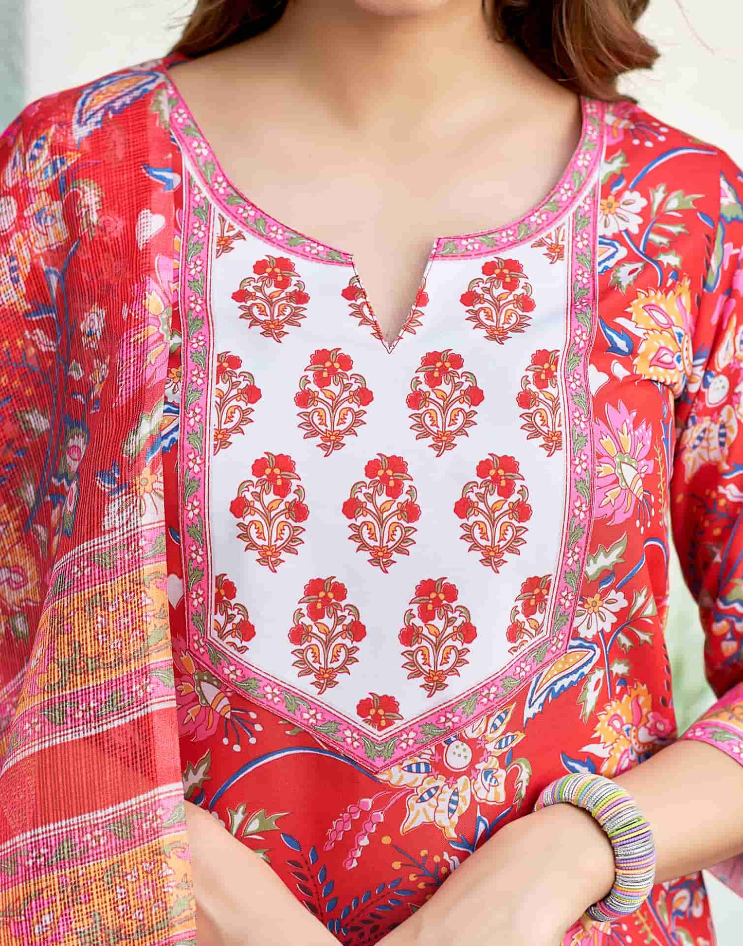 Red Printed Rayon Straight Kurta With Pant And Dupatta