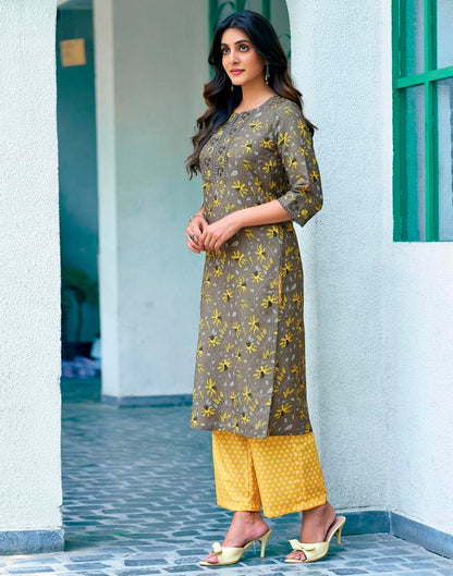 Brown Rayon Printed Kurta Set With Dupatta