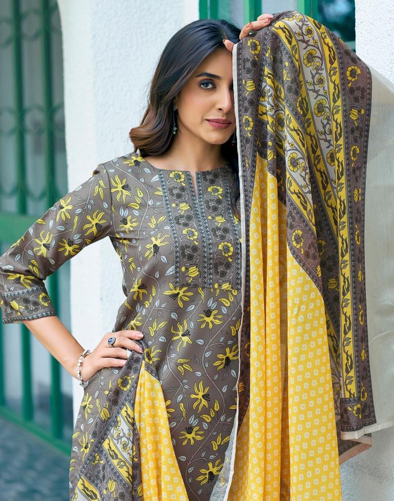 Brown Rayon Printed Kurta Set With Dupatta