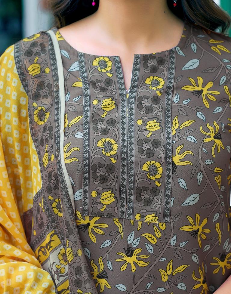 Brown Rayon Printed Kurta Set With Dupatta