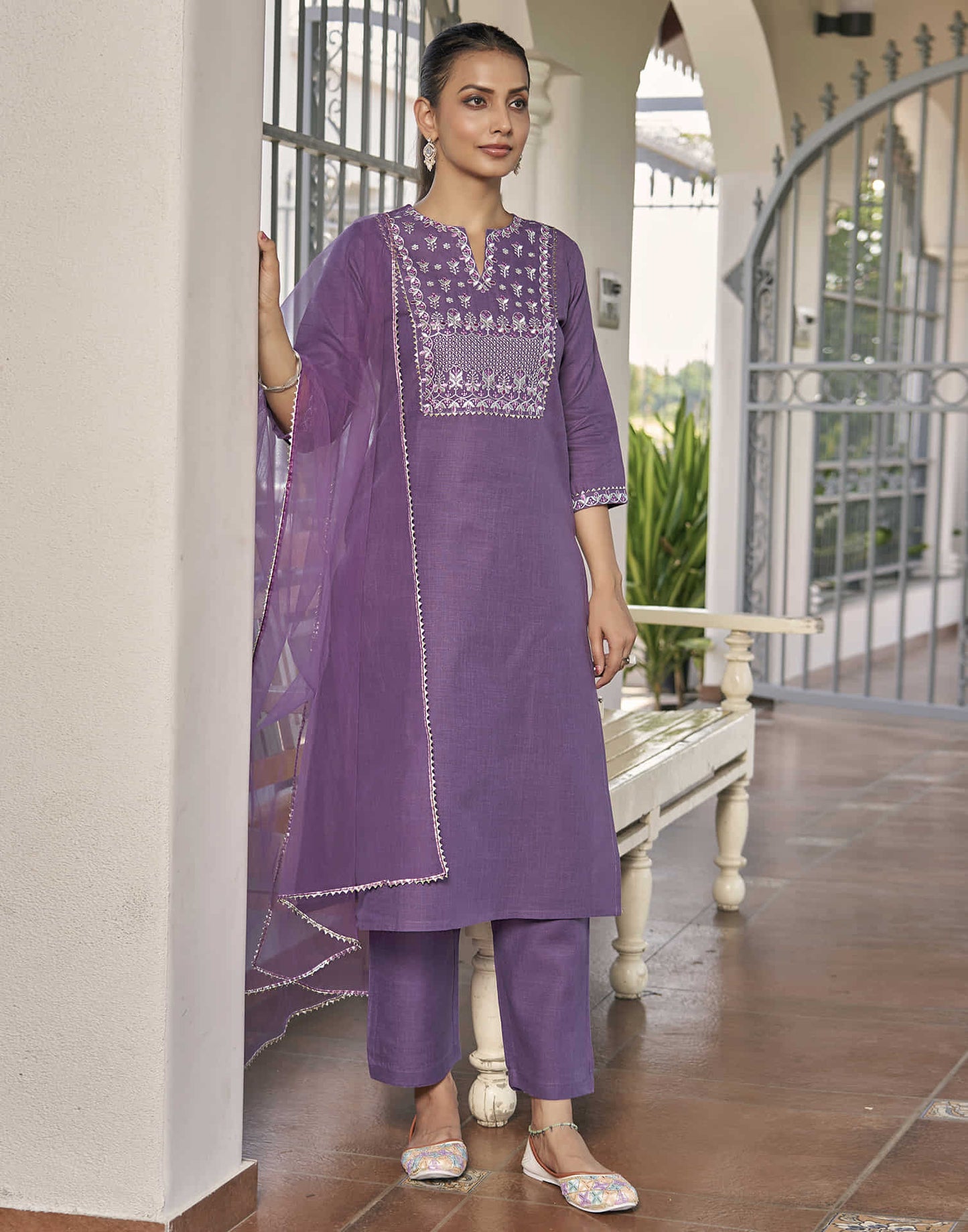 Dark Lavender Embroidery Cotton Straight Kurta With Pant And Dupatta