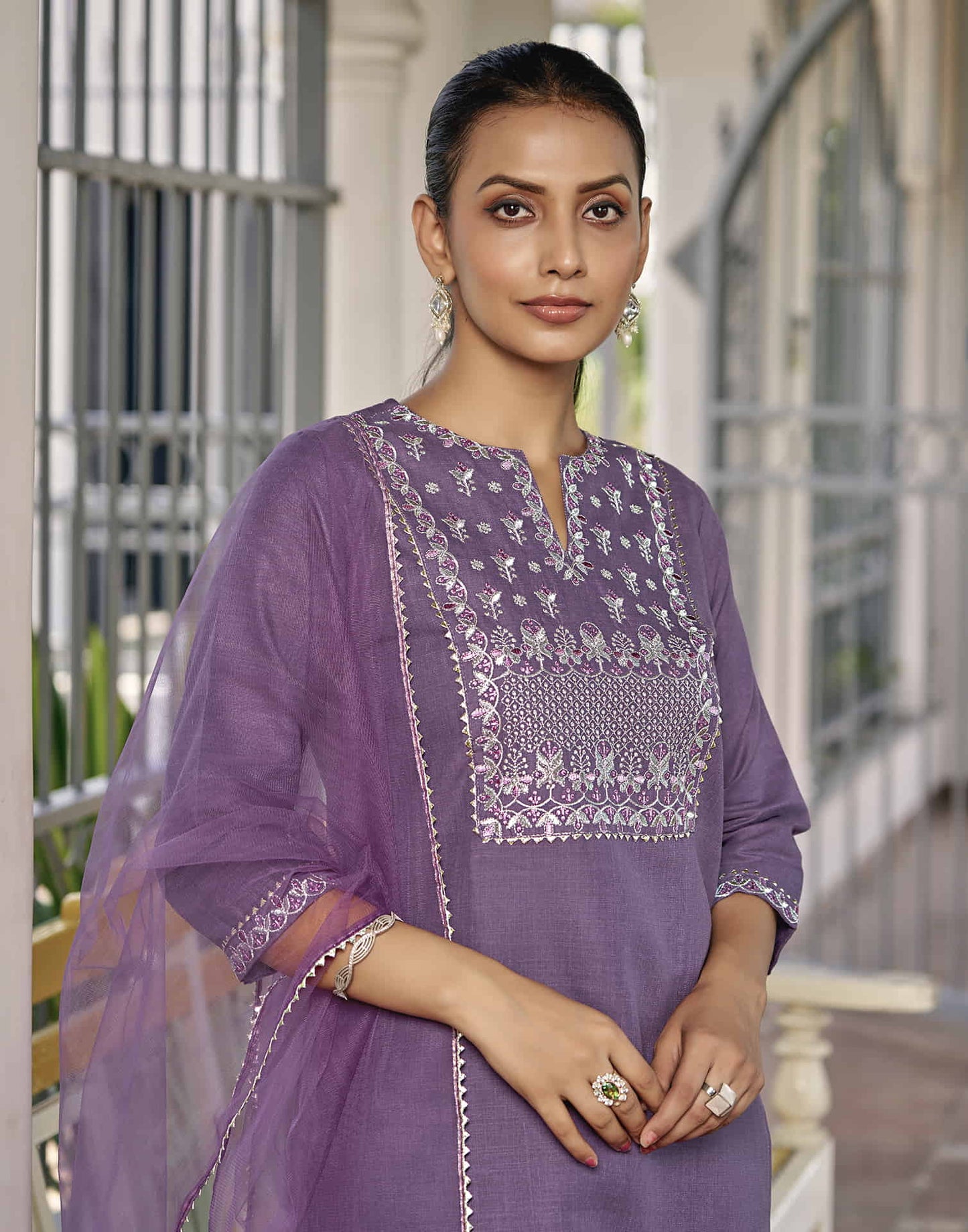 Dark Lavender Embroidery Cotton Straight Kurta With Pant And Dupatta