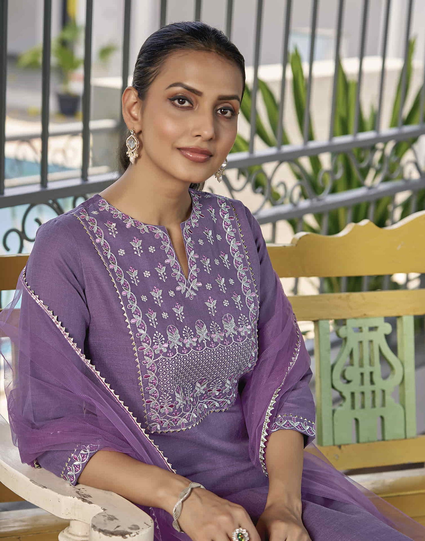 Dark Lavender Embroidery Cotton Straight Kurta With Pant And Dupatta