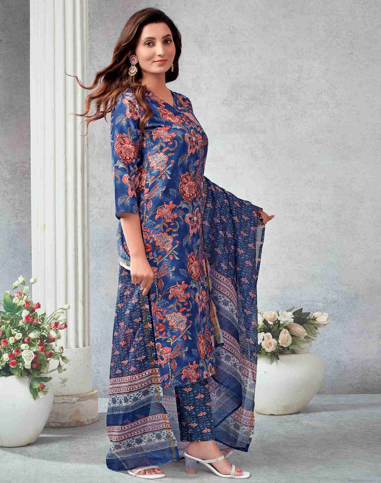 Blue Rayon Printed Kurta Set With Dupatta