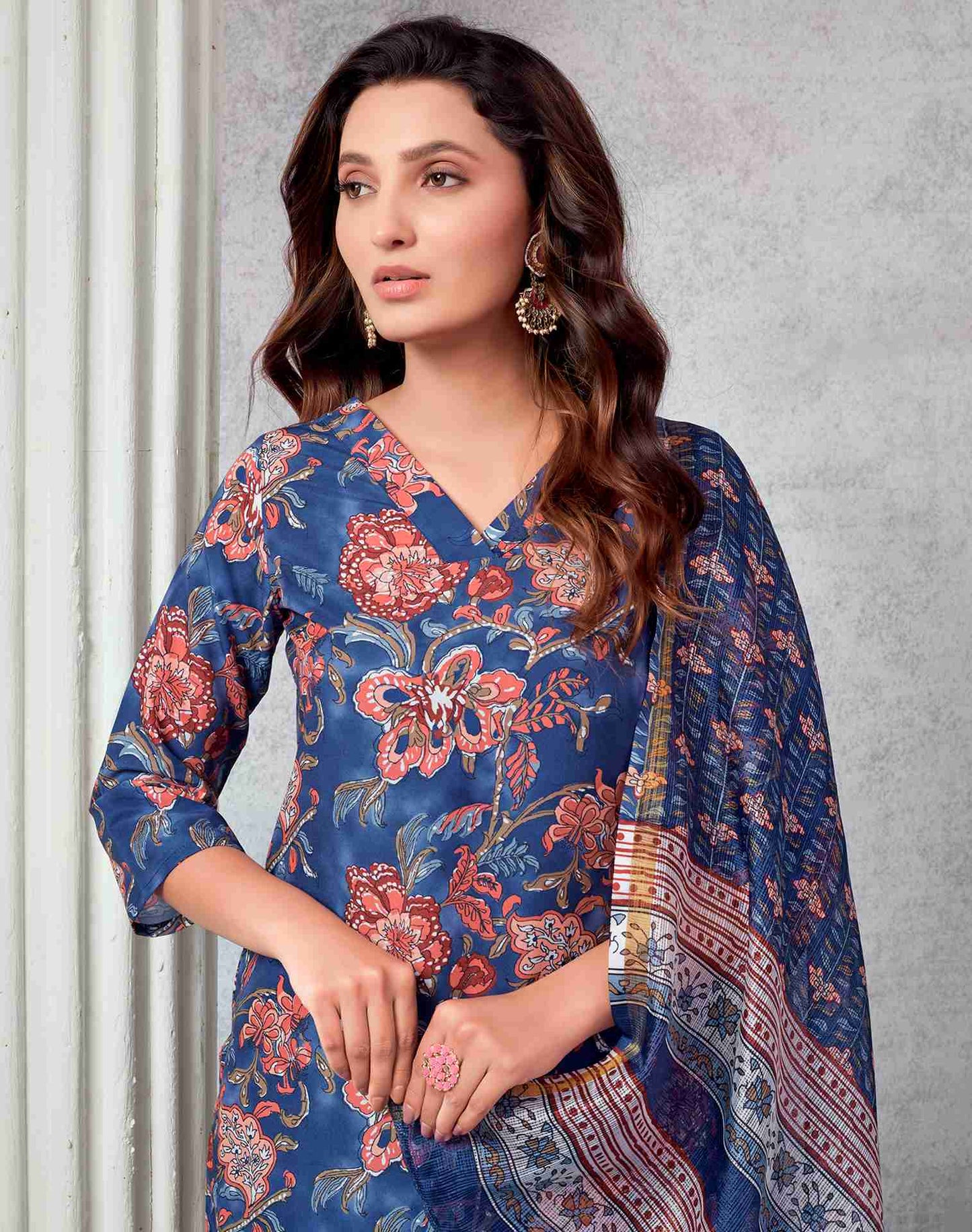 Blue Rayon Printed Kurta Set With Dupatta