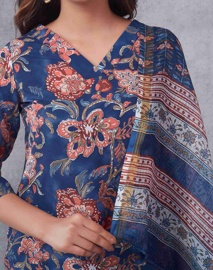 Blue Rayon Printed Kurta Set With Dupatta