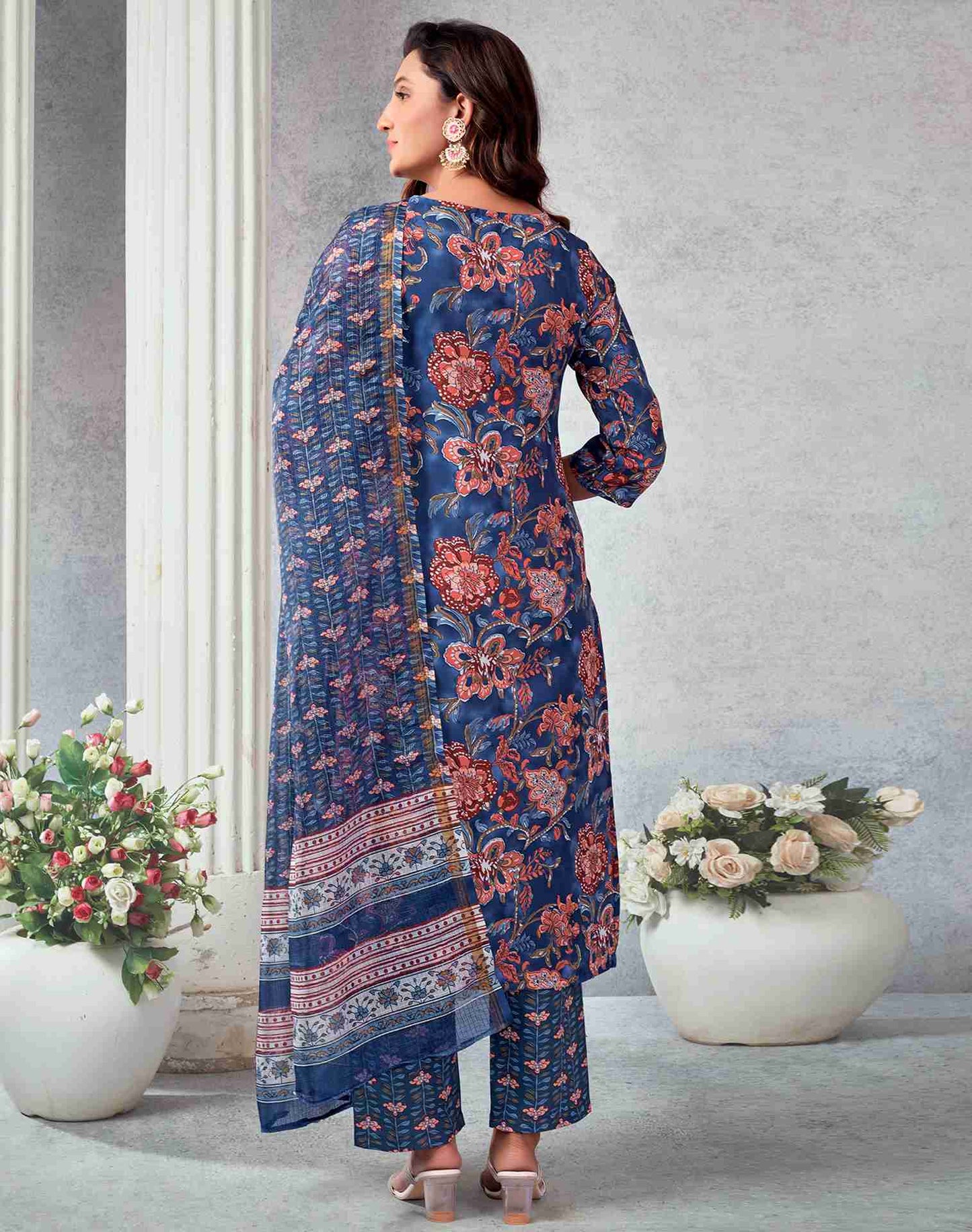 Blue Rayon Printed Kurta Set With Dupatta